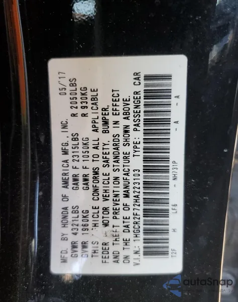 2017 Honda Accord Ex z USA, uszkodzony, nr VIN 1HGCR2F72HA223103